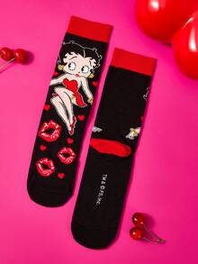 Betty Boop x SHEIN 2入組 Love Girl 女款中筒襪 - 黑白紅 - 查看 9