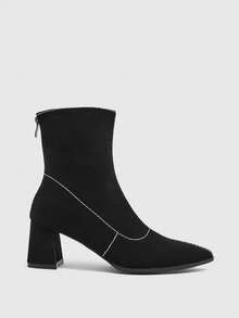 Daringsoles Bright Line Design Pointed Thick Heel Elastic Short Boots, Gentle Commuting Style Black Soft Leather Medium Heel Thin Boots - Black - View 2