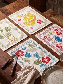 1pc/4pcs, Heat-Insulated Hemmed Placemats, Hibiscus Palm Lemon Print Bohemian Country Style Placemats, Linen Material, Easy To Clean, Suitable For Kitchen, Dining Room Decoration, Holiday Party, Vacation Table Decor, Home Decor - Multicolor - View 8