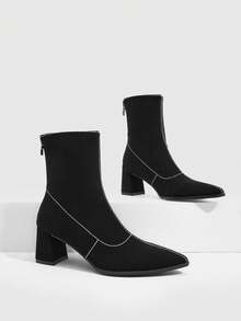 Daringsoles Bright Line Design Pointed Thick Heel Elastic Short Boots, Gentle Commuting Style Black Soft Leather Medium Heel Thin Boots - Black - View 1