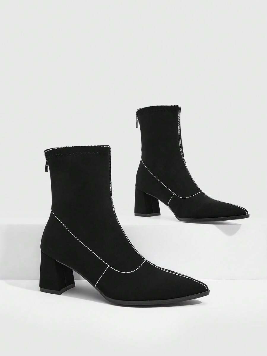 Daringsoles Bright Line Design Pointed Thick Heel Elastic Short Boots, Gentle Commuting Style Black Soft Leather Medium Heel Thin Boots - Black - View 1
