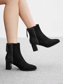 CUCCOO BIZCHIC Women's Fashionable High-Heeled Patent Leather Boots With Pointed Toes, Elastic Chunky Heels, Side Zipper, Mid-Calf Style, Comfortable, Versatile, And Fall Boots - Black - View 1