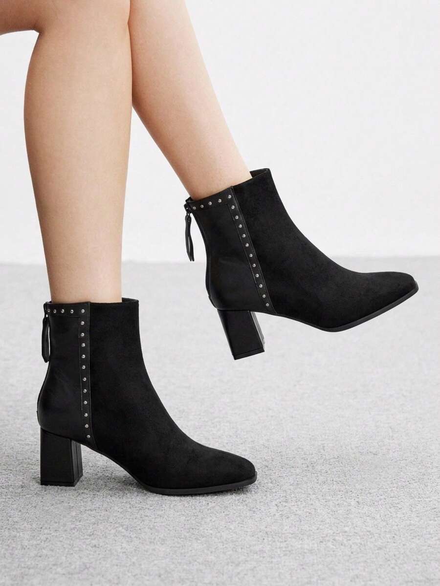 CUCCOO BIZCHIC Women's Fashionable High-Heeled Patent Leather Boots With Pointed Toes, Elastic Chunky Heels, Side Zipper, Mid-Calf Style, Comfortable, Versatile, And Fall Boots - Black - View 1