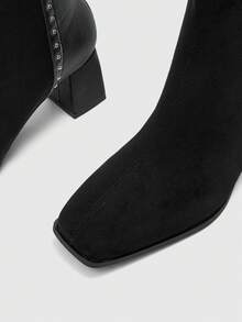 CUCCOO BIZCHIC Women's Fashionable High-Heeled Patent Leather Boots With Pointed Toes, Elastic Chunky Heels, Side Zipper, Mid-Calf Style, Comfortable, Versatile, And Fall Boots - Black - View 7