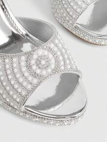 CUCCOO LuxiPop Sandal Wanita Mewah Gaya Pengantin Musim Semi/Panas untuk Pesta Pernikahan, Kencan, Gaun Tulle, Mutiara, Rhinestone, Warna Solid, Ujung Terbuka, Tali Belakang, Hak Tinggi Tebal - Perak - View 5