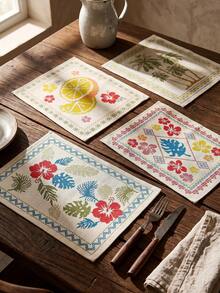 1pc/4pcs, Heat-Insulated Hemmed Placemats, Hibiscus Palm Lemon Print Bohemian Country Style Placemats, Linen Material, Easy To Clean, Suitable For Kitchen, Dining Room Decoration, Holiday Party, Vacation Table Decor, Home Decor - Multicolor - View 3