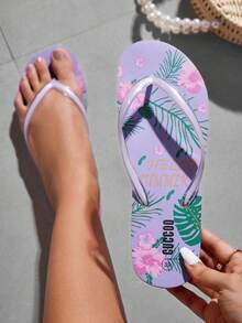 Grefit Flower Print Flat Bottomed Household Beach Flip-Flops With Flower Patterned Sole For Summer Vacation Shoes Summer Spring Shoes Spring Break Easter For Casual Beach Style Beach Shoes - Mauve Purple - View 4