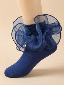 SHEIN 1 Pair Of Baby Socks Large Lace Four-Season Children's Medium And Small Children's Solid Color Lace Large Lace Dance Socks - Blue - View 4