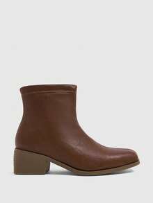Daringsoles Resleting Samping, Ujung Persegi Kecil, Motif Kayu, Hak Tebal, Sepatu Bot Ankle Fashion, Sepatu Bot Western Kasual, Gaya Longgar, Warna Polos, Sambungan - Coklat - View 2