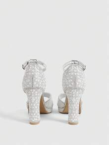 CUCCOO LuxiPop Sandal Wanita Mewah Gaya Pengantin Musim Semi/Panas untuk Pesta Pernikahan, Kencan, Gaun Tulle, Mutiara, Rhinestone, Warna Solid, Ujung Terbuka, Tali Belakang, Hak Tinggi Tebal - Perak - View 6