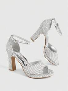 CUCCOO LuxiPop Sandal Wanita Mewah Gaya Pengantin Musim Semi/Panas untuk Pesta Pernikahan, Kencan, Gaun Tulle, Mutiara, Rhinestone, Warna Solid, Ujung Terbuka, Tali Belakang, Hak Tinggi Tebal - Perak - View 4