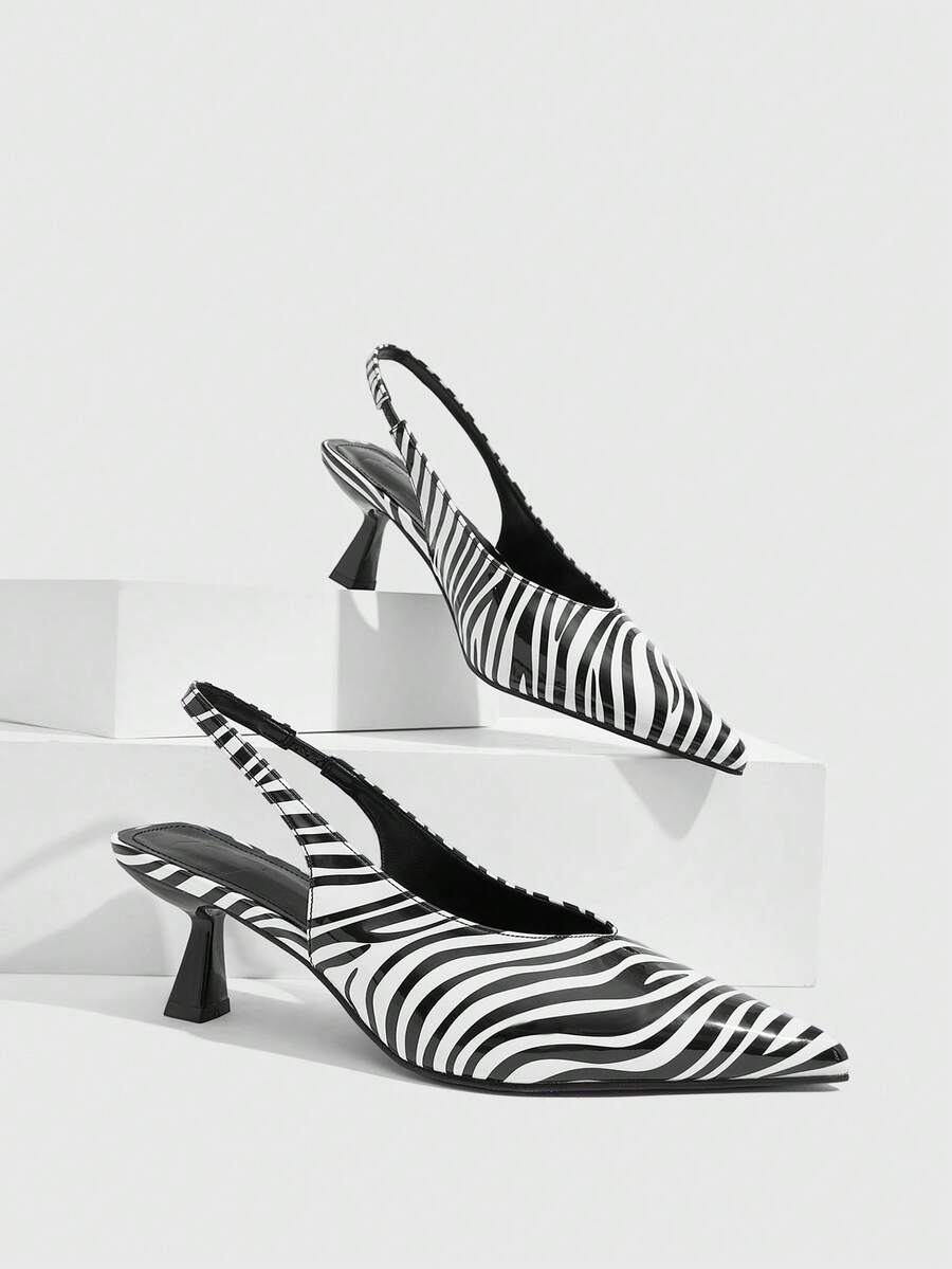 CUCCOO SZL Zebra Pattern Pointed Head Thin Heel Fashion Versatile Rear Empty High Heel Muller Women's Sandals - Black (zebra pattern) - View 1