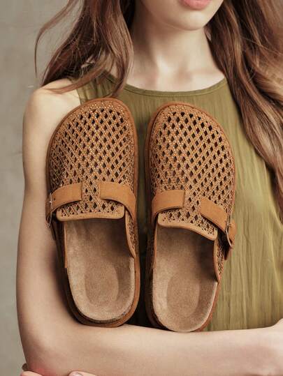 Solecia Women's New Metal Buckle And Rhinestone Decoration, Imitation Suede Breathable Hollow Mules Closed Toe Slippers, Suitable For Four Seasons Holiday Part