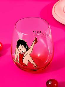 Betty Boop x SHEIN 1個 16.57oz/490ml 復古女孩鈣鈉玻璃冷水杯，適用於冷水、飲料、咖啡、茶、牛奶 - 無色 - 查看 4