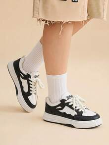Vate Women's Lace-Up Color Matching Design Round Toe Thick Flat Bottom Casual Sports Shoes Casual Style PU Leather Black And White Casual Sports Shoes Back To School - Black and White - View 6