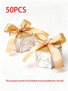 50Pcs Mini Marble Pattern Gift Boxes With Shiny Gold Bow Ribbon, Wedding Favor Thank You Candy Boxes, Small Party Treat Packaging Boxes For Bridal Shower Birthday Banquet - White - View 11