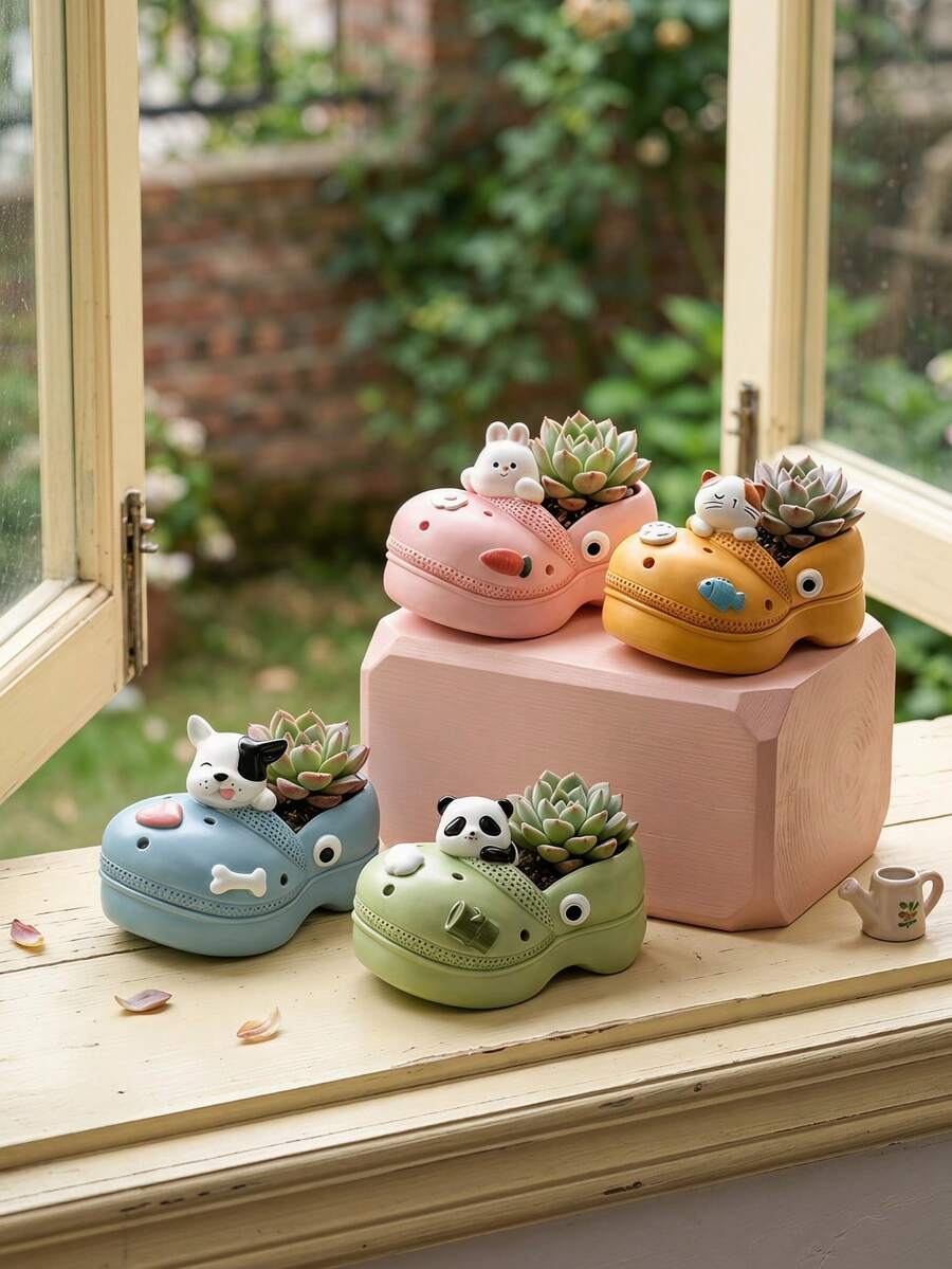 Joivida 1Pc Cute Slipper Shaped Succulent Planter, Creative Animal Themed Resin Flower Pot, Fun Hole Shoe Design Plant Pot For Small Plants, Multiple Animal Styles (Rabbit/Panda/Cat/Bull), Durable Non-Deform Resin Planter For Desk & Home Decor, - multicolor - View 1
