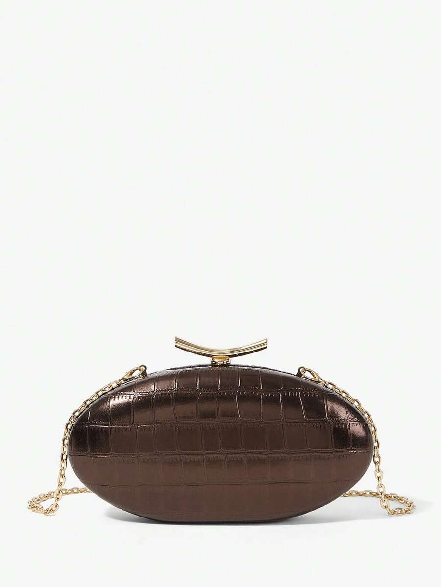 Maija Ladies Fashionable Elegant Simple Classic Versatile Metal Deep Coffee Crocodile Pattern Faux Leather Clutch Bag, Daily Dating Banquet Party Wedding - Coffee - View 1