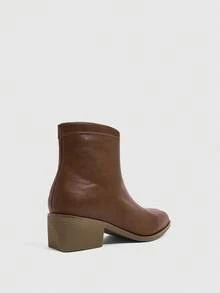 Daringsoles Resleting Samping, Ujung Persegi Kecil, Motif Kayu, Hak Tebal, Sepatu Bot Ankle Fashion, Sepatu Bot Western Kasual, Gaya Longgar, Warna Polos, Sambungan - Coklat - View 3