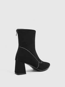 Daringsoles Bright Line Design Pointed Thick Heel Elastic Short Boots, Gentle Commuting Style Black Soft Leather Medium Heel Thin Boots - Black - View 3