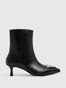 Daringsoles Pointed Cat And Short Boots, Rhinestone Decorative Temperament Thin Versatile Pointed Thin Heel Short Boots, Flash Diamond Decorative Commuter Dating - Black - View 2