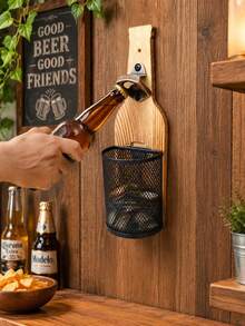 1 Piece Rustic Solid Wood Wall Mounted Bottle‑Shaped Beer Opener Built‑In Mesh Caps Collection Storage Basket Retro Textured Heavy‑Duty Wall Decoration Brown Bottle Opener For Bar Home Kitchen Man Cave Party Indoor Wall Decor Household Accessory - View 2