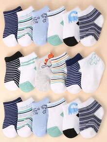 SHEIN 12 Pairs/24 Pairs Of Cute Dinosaur Printed Socks/Invisible Socks For Infants And Girls Aged 0-3, Multi-Colored Stripes, Soft And Comfortable, Suitable - Multicolor - View 2