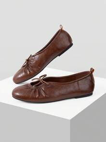 MOTF WOMEN VINTAGE RUCHED BOW DECOR BALLET FLATS, SOFT LEATHER SLIP ON ROUND TOE FLAT SHOES, CASUAL DAILY WALKING MARY JANE SHOES - Brown - View 3
