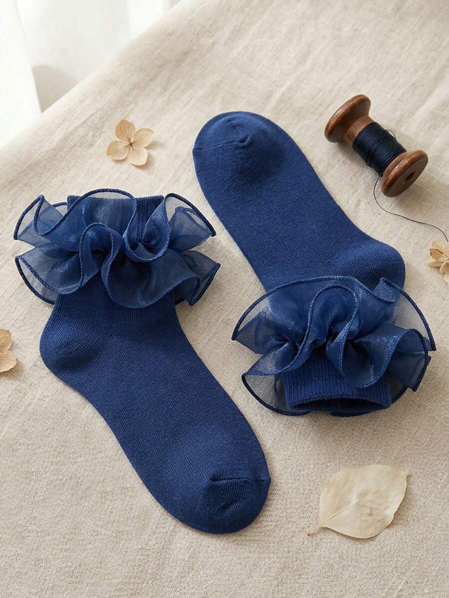 SHEIN 1 Pair Of Baby Socks Large Lace Four-Season Children's Medium And Small Children's Solid Color Lace Large Lace Dance Socks - Blue - View 1