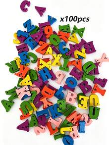 100pcs Wooden Letter & Number Chips, Mixed 26 Alphabet Letters, Natural & Colored Wood Slices, Kids Early Learning DIY Literacy Decorations - multicolor - View 4