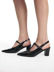 Mnmlis Spring And Summer Engraved T-Belt Design Pointed Thick Heel, Retro Style Black Slingback Mary Jane Shoes Commuting Dating Fall Shoes - Black - View 9