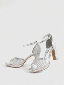 CUCCOO LuxiPop Sandal Wanita Mewah Gaya Pengantin Musim Semi/Panas untuk Pesta Pernikahan, Kencan, Gaun Tulle, Mutiara, Rhinestone, Warna Solid, Ujung Terbuka, Tali Belakang, Hak Tinggi Tebal - Perak - View 7