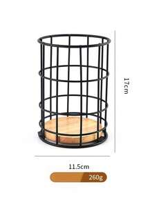 1pc Sleek Iron Kitchen Utensil Holder With Wooden Base - Round Cutlery Organizer For Chopsticks, Forks & Spoons - Countertop Storage Basket With Drainage - Multicolor - View 10