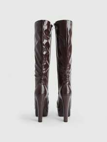CUCCOO LuxiPop Sexy Fashion Thick Heel Side Zipper Round Toe Ladies Brown Boots Knee Boots Nightclub Style Wear - Coffee Brown - View 5