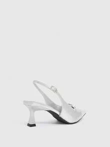 CUCCOO SZL Rhinestone Square Buckle Pointed Cat Heel Empty Sandals, Retro Spice Girl Fengzheng Silver Patent Leather Medium Low Heel Buckle Bag Head Sandals - Silver - View 3