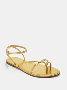 Glitzique Women's Thin Straps Cross-Trip Straps Craft Multiple Slender Straps Solid Color Glossy Round Toe Open-Toed Ankle Buckle Strap Flat Sandals Simple Vacation - Gold - View 7
