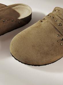 Solecia Women's Fashion Rivet Flat Bottom Closed Toe Mules, Commuting Versatile - Khaki - View 10