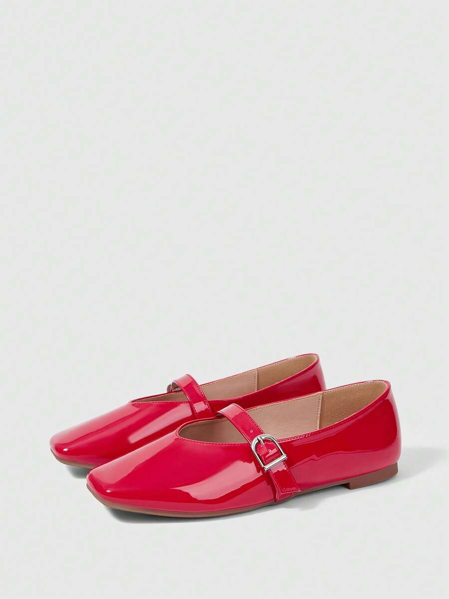 Sleekvia New Women's Popular Summer Fashion Simple And Elegant Solid Color, Slip-On Square Top Flat Bottom With Adjustable Buckle Red Glossy Single Fall Shoes - Red - View 1