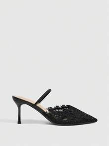 CUCCOO SZL Ladies Romantic Nude Lace High Heel Drag Pointed Thin Heel Half Drag - Black - View 7
