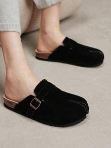 Solecia Women's Split Toe Buckle Suede-Look Clogs Elegant Black Casual & Daily Slides - jet black - View 10