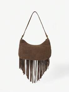 Viva Strut 女款時尚個性簡約百搭街頭復古流蘇鉚釘麂皮單肩包，適合日常購物、約會、音樂節 - 淺咖色 - 查看 4