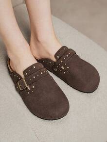 Solecia Women's Fashion Rivet Flat Bottom Closed Toe Mules, Commuting Versatile - Coffee Brown - View 4