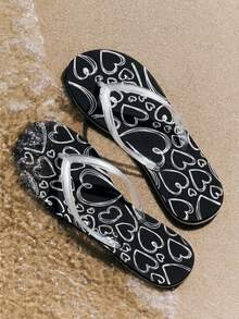 Grefit Woman Shoes Heart Pattern Flip-Flops, Fashion PVC Flip-Flops For Summer Vacation Shoes Summer Spring Shoes Spring Break Easter For Casual Beach Style Beach Shoes Summer Shoes - Black - View 1