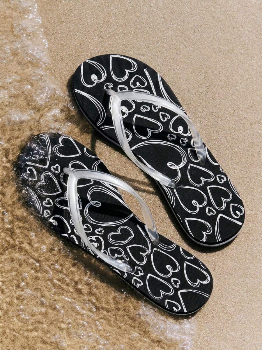 Grefit Woman Shoes Heart Pattern Flip-Flops, Fashion PVC Flip-Flops For Summer Vacation Shoes Summer Spring Shoes Spring Break Easter For Casual Beach Style Beach Shoes Summer Shoes - Black - View 1