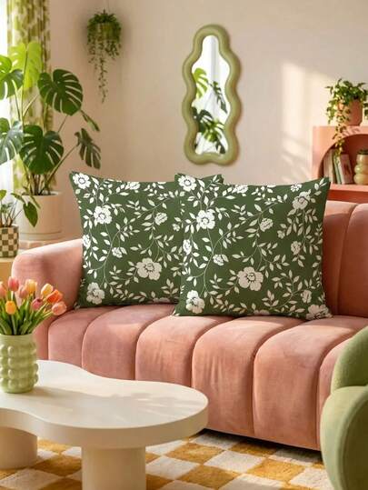SHEIN 1 Piece Mori Retro Dark Green Pastoral French Vine Flower Double-Sided Printed Pillow Cover, Living Room Sofa Bedroom Homestay Decoration By Pillowcase