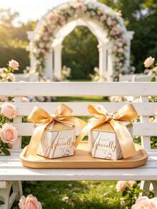 50Pcs Mini Marble Pattern Gift Boxes With Shiny Gold Bow Ribbon, Wedding Favor Thank You Candy Boxes, Small Party Treat Packaging Boxes For Bridal Shower Birthday Banquet - White - View 10