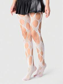 ROMWE 1Pair Of Dark Gothic White Hollow Fishnet Socks - White - View 10