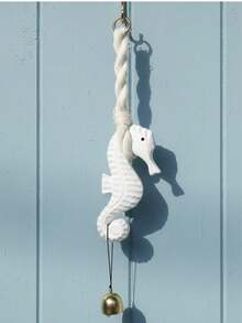 1Pc 27cm Resin Seahorse Hanging Ornament With Starfish Shell Bell In Blue White For Beach Nautical Home Wall Door Summer Decor Trending. - multicolor - View 7