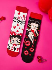 Betty Boop x SHEIN 2入組 Love Girl 女款中筒襪 - 黑白紅 - 查看 2