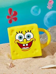 SpongeBob SquarePants | SHEIN 500ml/17oz 黃色海綿 3D 浮雕陶瓷馬克杯 卡通表情水杯 學生辦公室早餐牛奶咖啡杯 大容量防燙手柄杯 - 黃色 - 查看 1